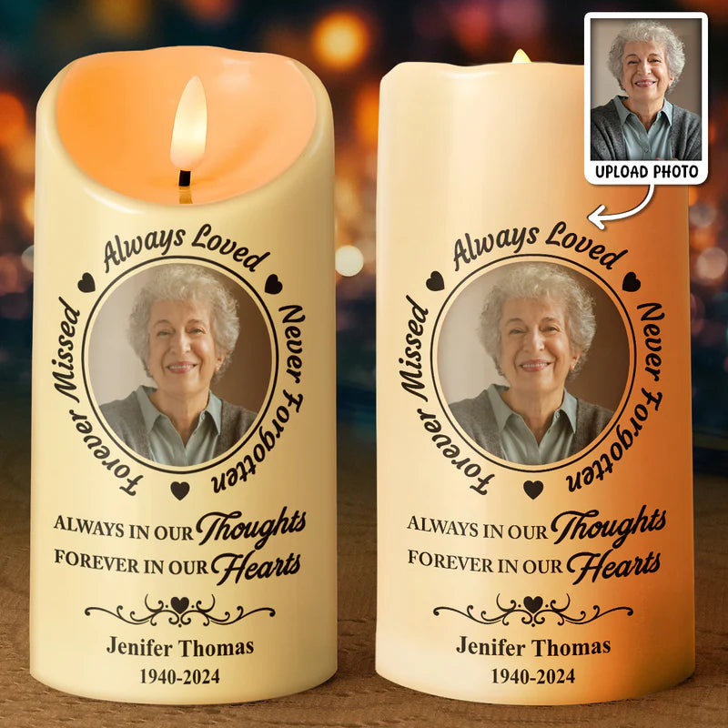 Custom Photo Always In Our Thoughts - Personalized Candle LED Light - Christmas Gift, Sympathy Gift For Family Members