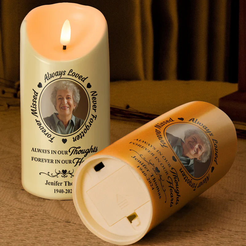 Custom Photo Always In Our Thoughts - Personalized Candle LED Light - Christmas Gift, Sympathy Gift For Family Members
