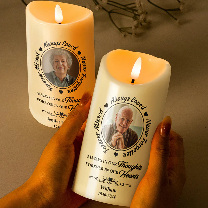 Custom Photo Always In Our Thoughts - Personalized Candle LED Light - Christmas Gift, Sympathy Gift For Family Members