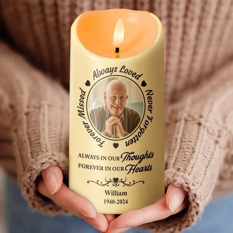 Custom Photo Always In Our Thoughts - Personalized Candle LED Light - Christmas Gift, Sympathy Gift For Family Members