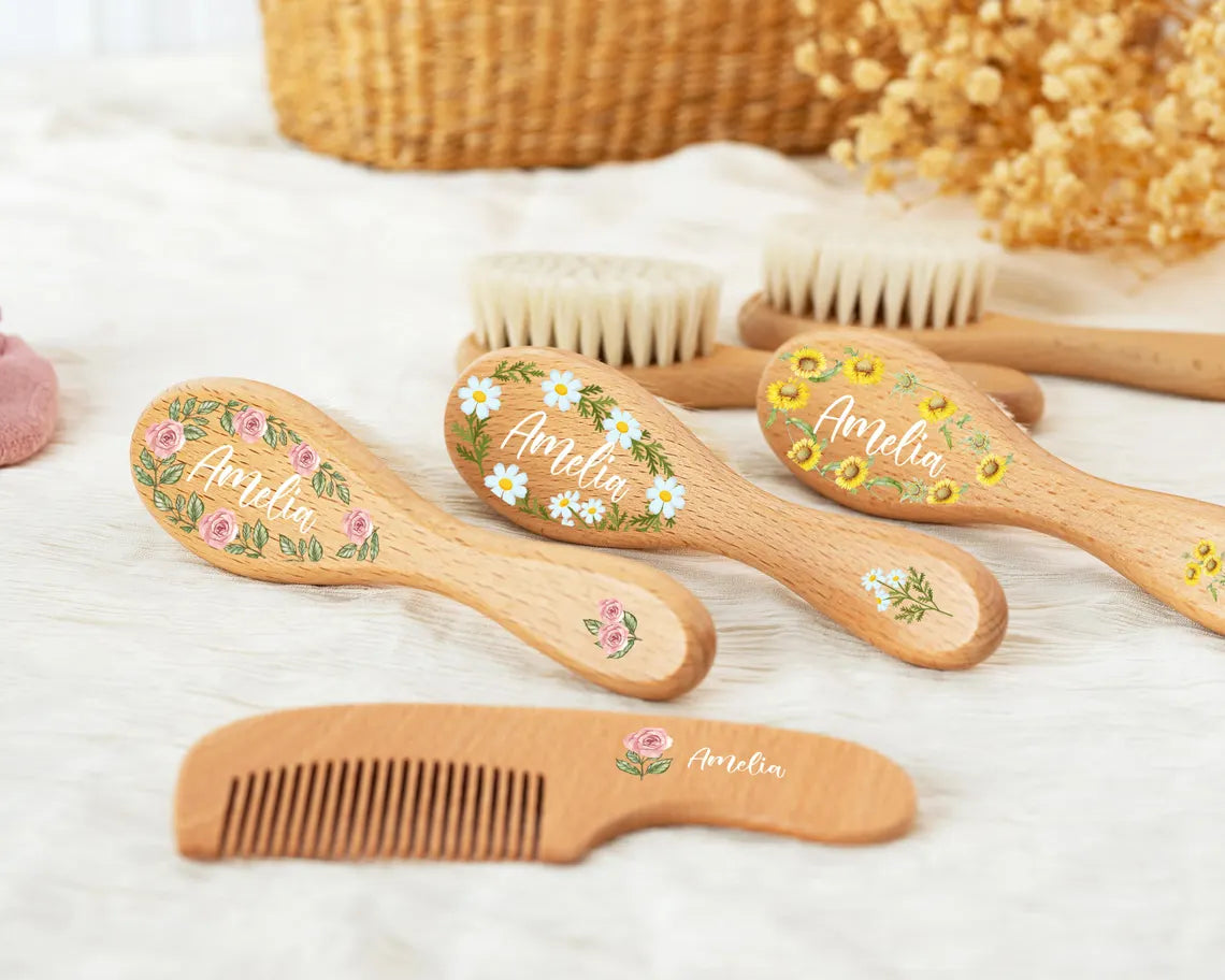Personalized Wooden Baby Hairbrush Set, Custom Engraved Keepsake, Baby Shower Gift Idea for Newborns, Unisex Wooden Hair Brush and Comb Set