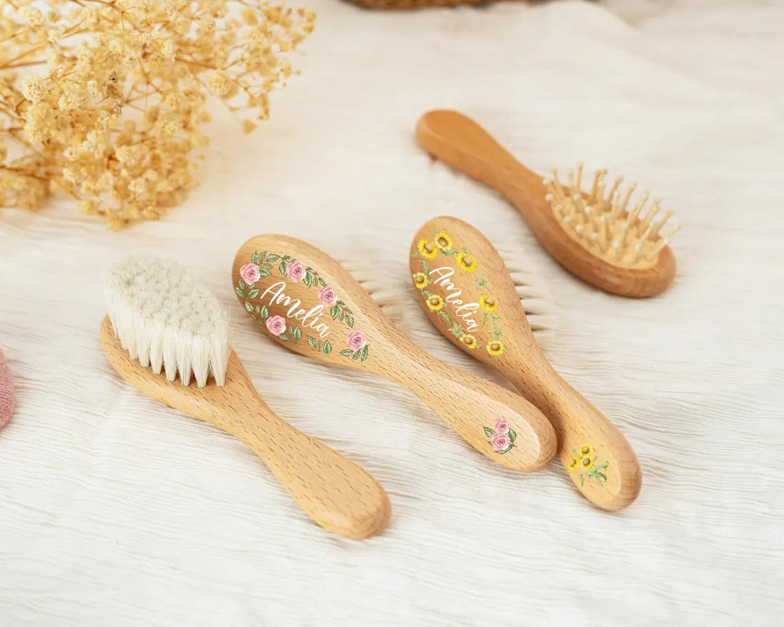 Personalized Wooden Baby Hairbrush Set, Custom Engraved Keepsake, Baby Shower Gift Idea for Newborns, Unisex Wooden Hair Brush and Comb Set