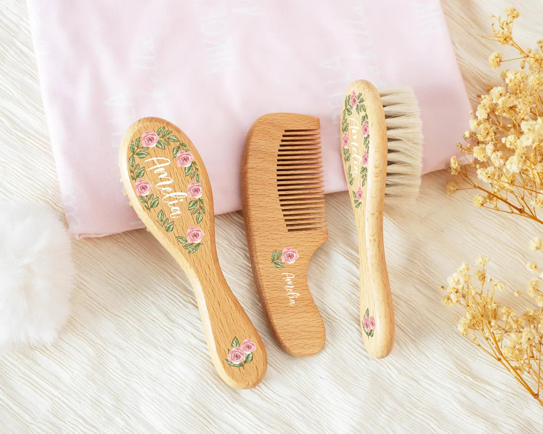 Personalized Wooden Baby Hairbrush Set, Custom Engraved Keepsake, Baby Shower Gift Idea for Newborns, Unisex Wooden Hair Brush and Comb Set