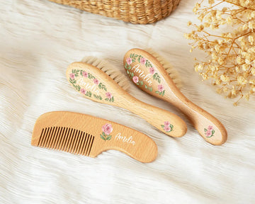 Personalized Wooden Baby Hairbrush Set, Custom Engraved Keepsake, Baby Shower Gift Idea for Newborns, Unisex Wooden Hair Brush and Comb Set