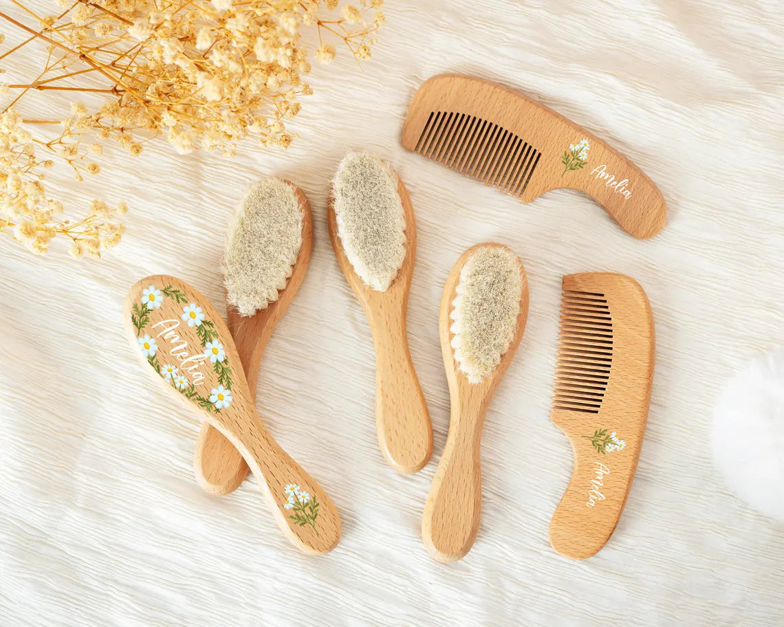 Personalized Wooden Baby Hairbrush Set, Custom Engraved Keepsake, Baby Shower Gift Idea for Newborns, Unisex Wooden Hair Brush and Comb Set