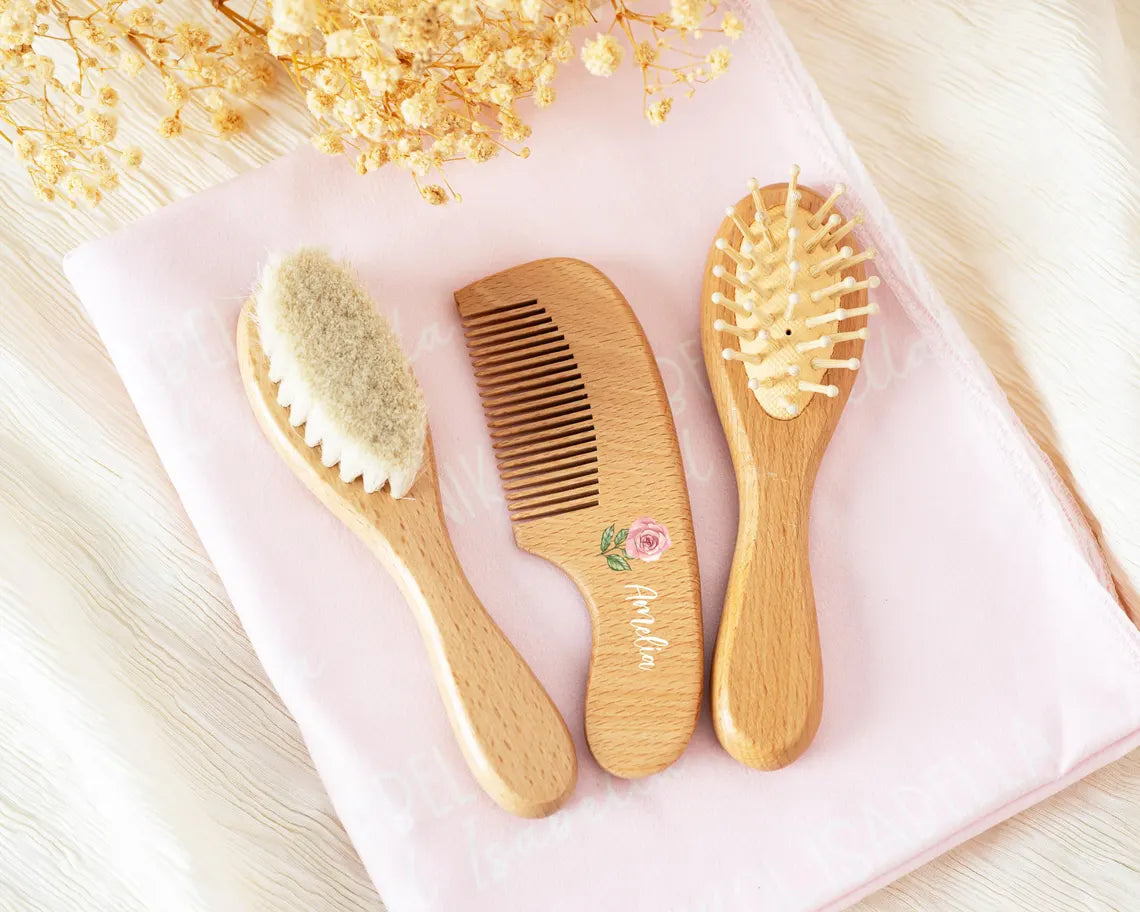 Personalized Wooden Baby Hairbrush Set, Custom Engraved Keepsake, Baby Shower Gift Idea for Newborns, Unisex Wooden Hair Brush and Comb Set