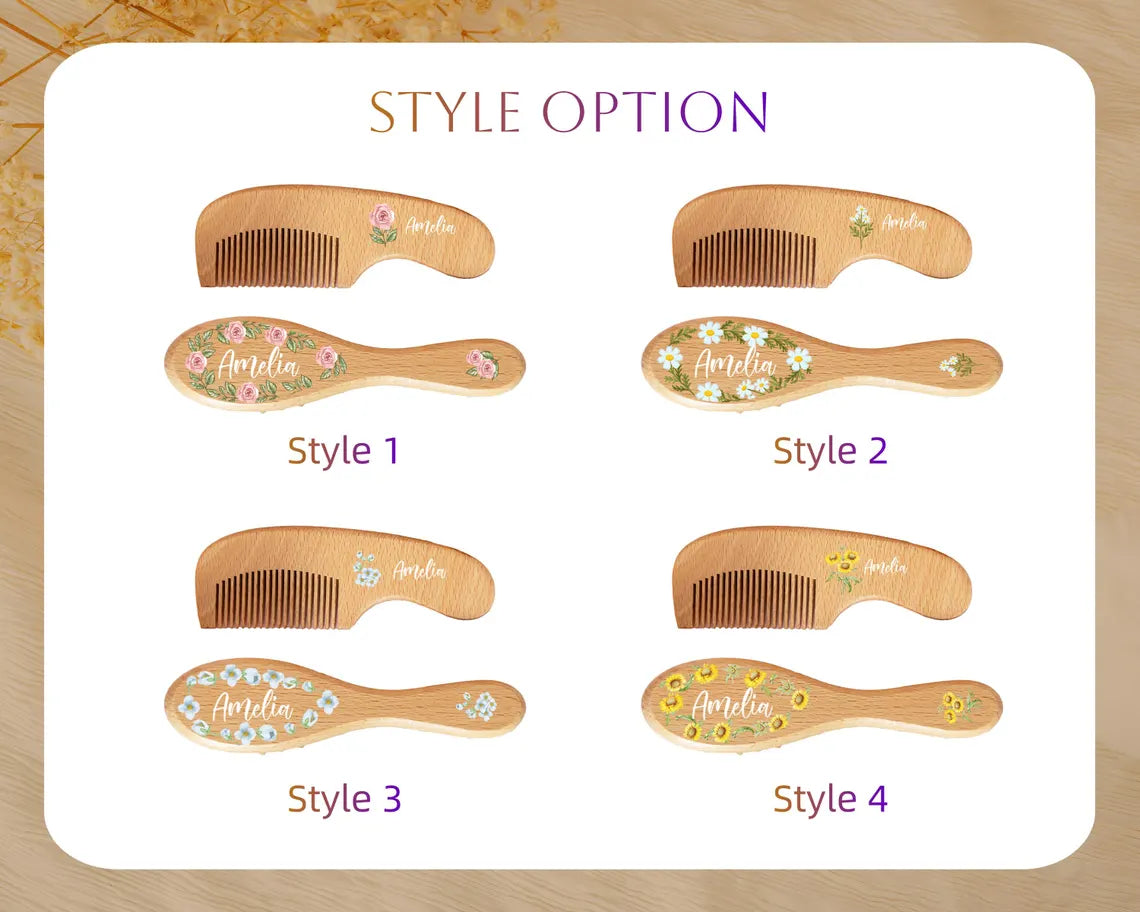 Personalized Wooden Baby Hairbrush Set, Custom Engraved Keepsake, Baby Shower Gift Idea for Newborns, Unisex Wooden Hair Brush and Comb Set