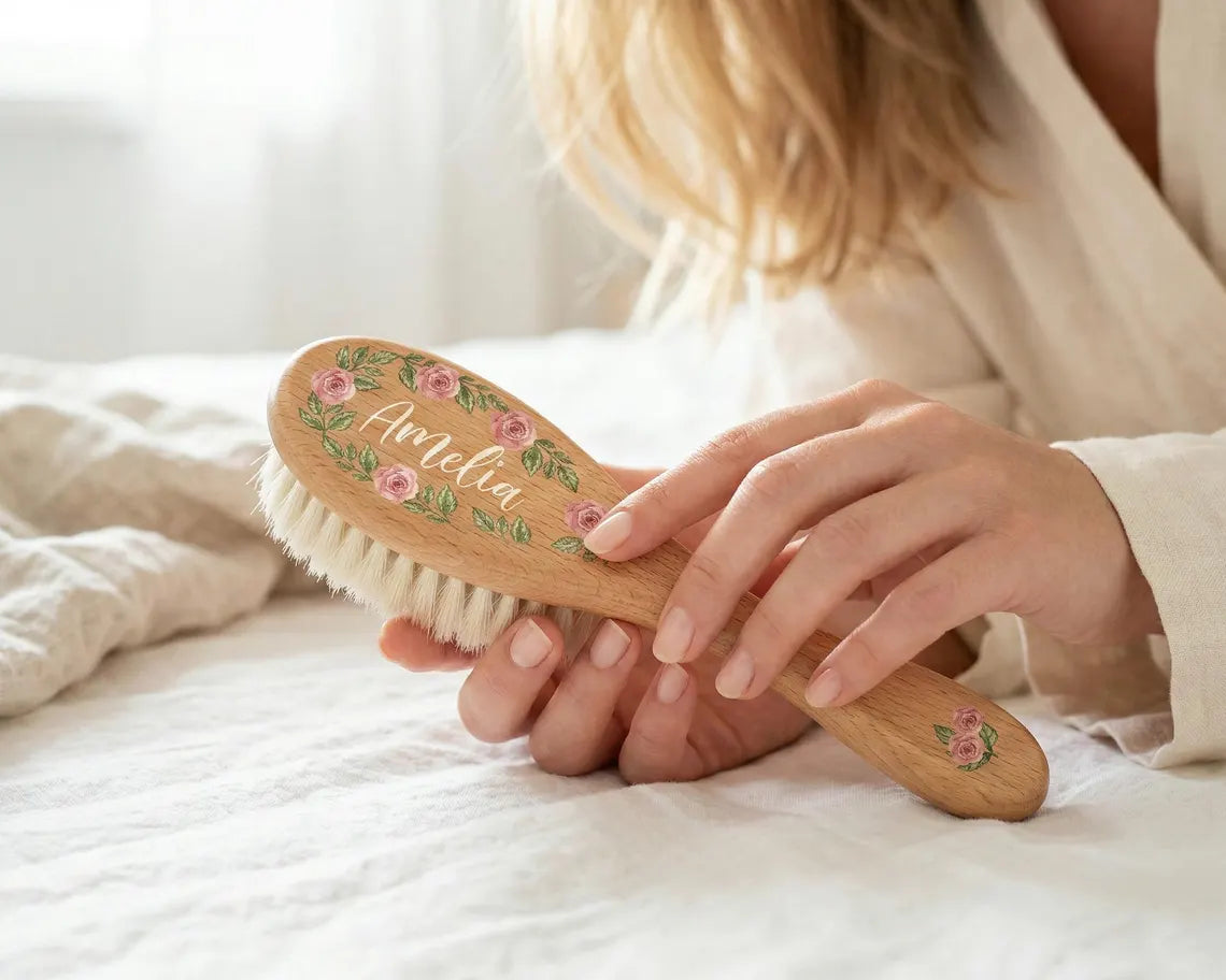 Personalized Wooden Baby Hairbrush Set, Custom Engraved Keepsake, Baby Shower Gift Idea for Newborns, Unisex Wooden Hair Brush and Comb Set