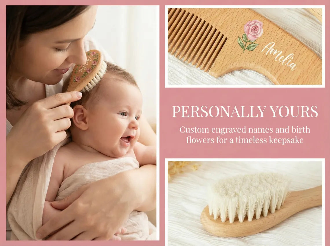 Personalized Wooden Baby Hairbrush Set, Custom Engraved Keepsake, Baby Shower Gift Idea for Newborns, Unisex Wooden Hair Brush and Comb Set