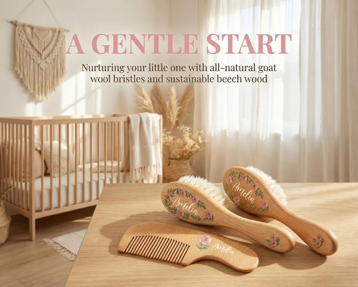Personalized Wooden Baby Hairbrush Set, Custom Engraved Keepsake, Baby Shower Gift Idea for Newborns, Unisex Wooden Hair Brush and Comb Set