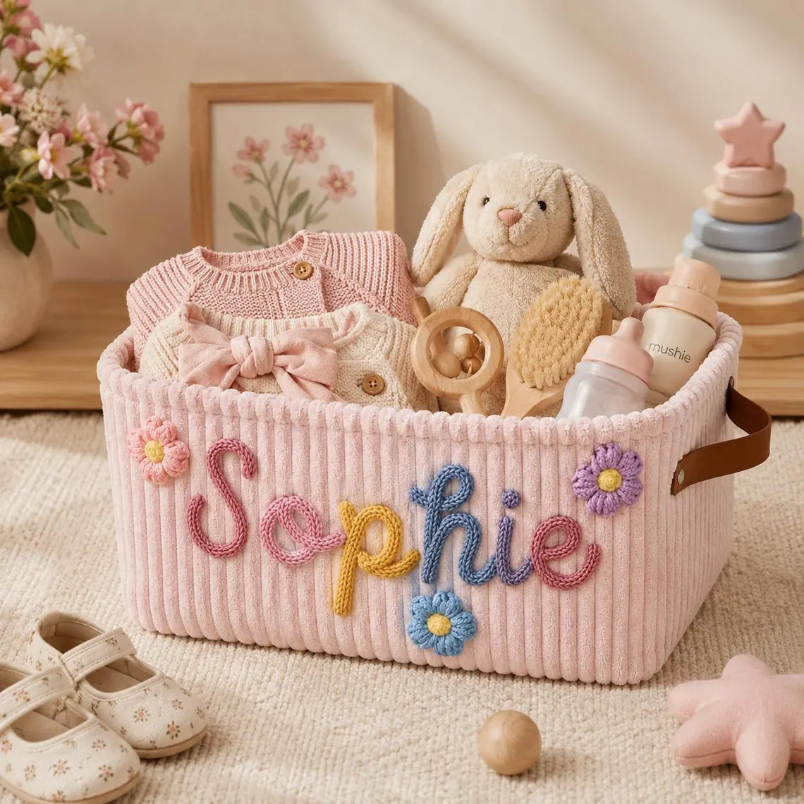Gender Neutral Personalized Baby Basket, Custom Name Newborn Keepsake, Knitted Storage Box, Embroidered Toy Organizer Gift