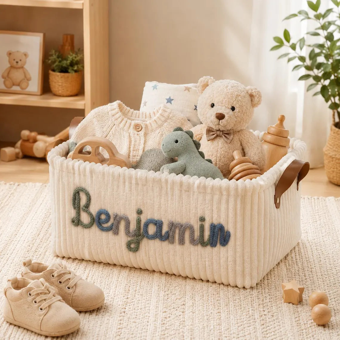 Gender Neutral Personalized Baby Basket, Custom Name Newborn Keepsake, Knitted Storage Box, Embroidered Toy Organizer Gift
