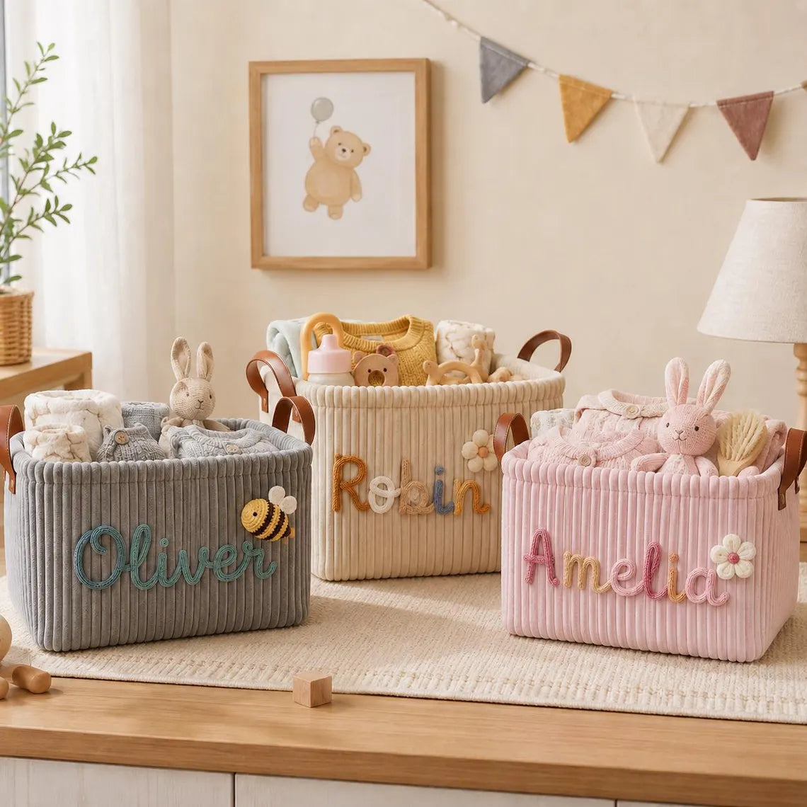 Gender Neutral Personalized Baby Basket, Custom Name Newborn Keepsake, Knitted Storage Box, Embroidered Toy Organizer Gift