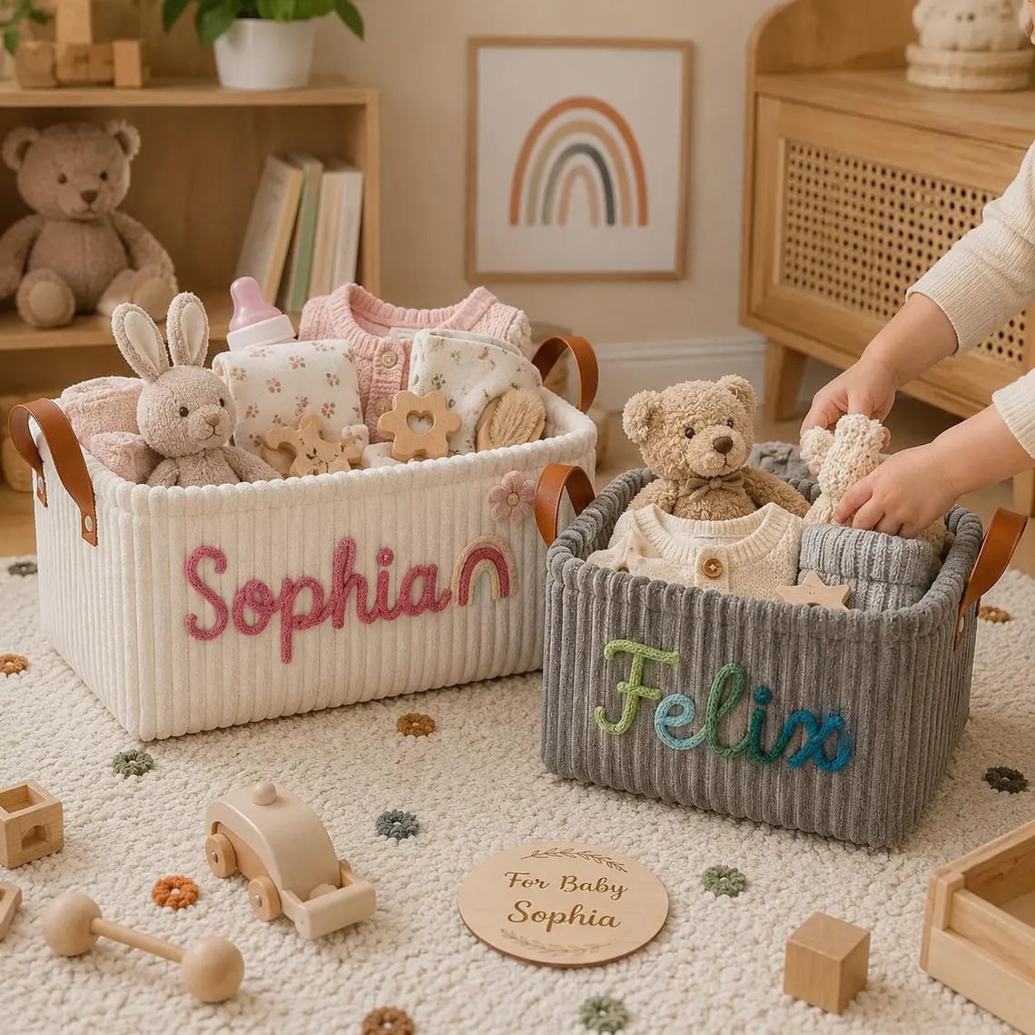 Gender Neutral Personalized Baby Basket, Custom Name Newborn Keepsake, Knitted Storage Box, Embroidered Toy Organizer Gift
