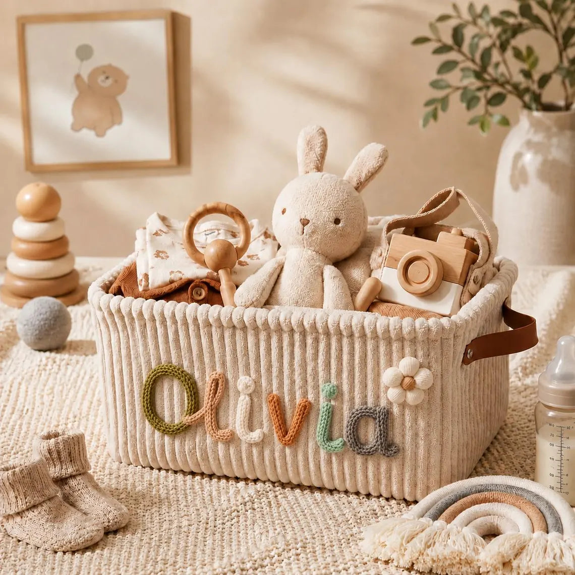 Gender Neutral Personalized Baby Basket, Custom Name Newborn Keepsake, Knitted Storage Box, Embroidered Toy Organizer Gift