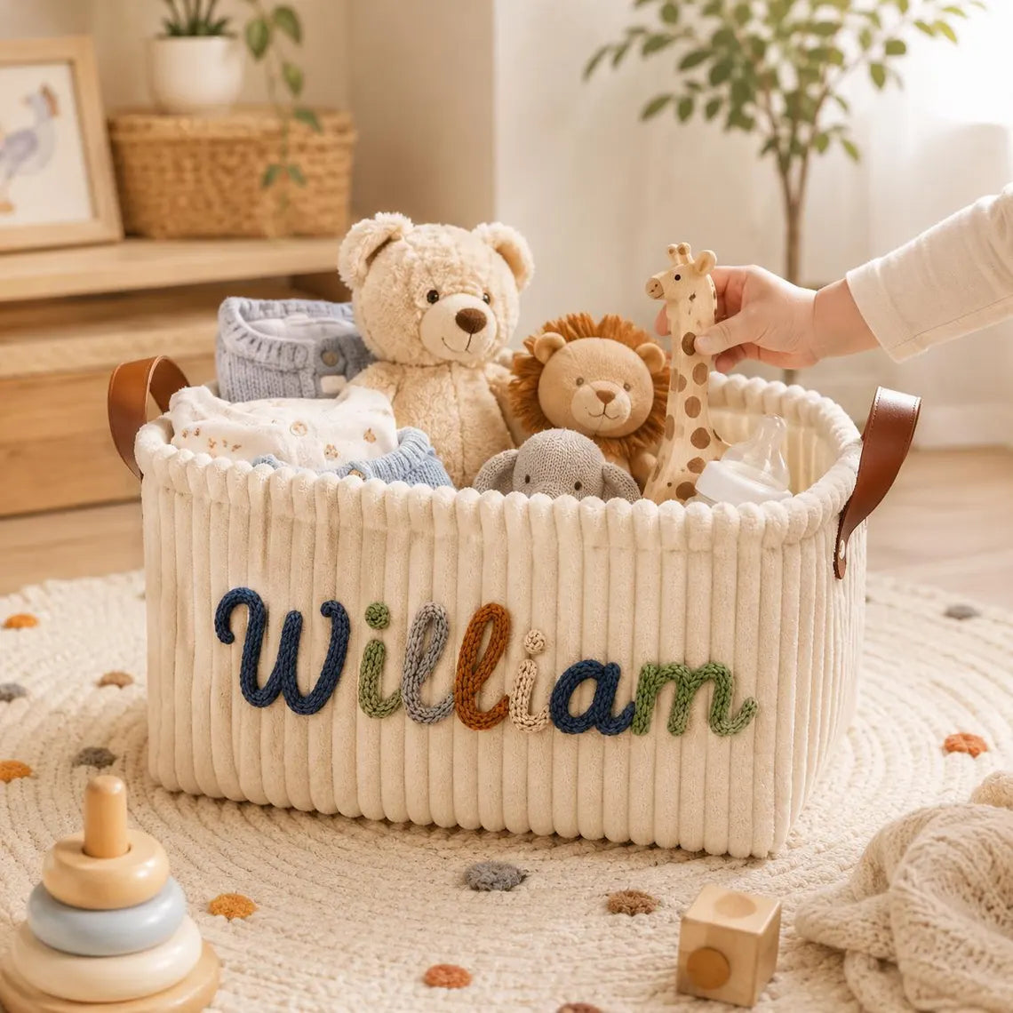 Gender Neutral Personalized Baby Basket, Custom Name Newborn Keepsake, Knitted Storage Box, Embroidered Toy Organizer Gift