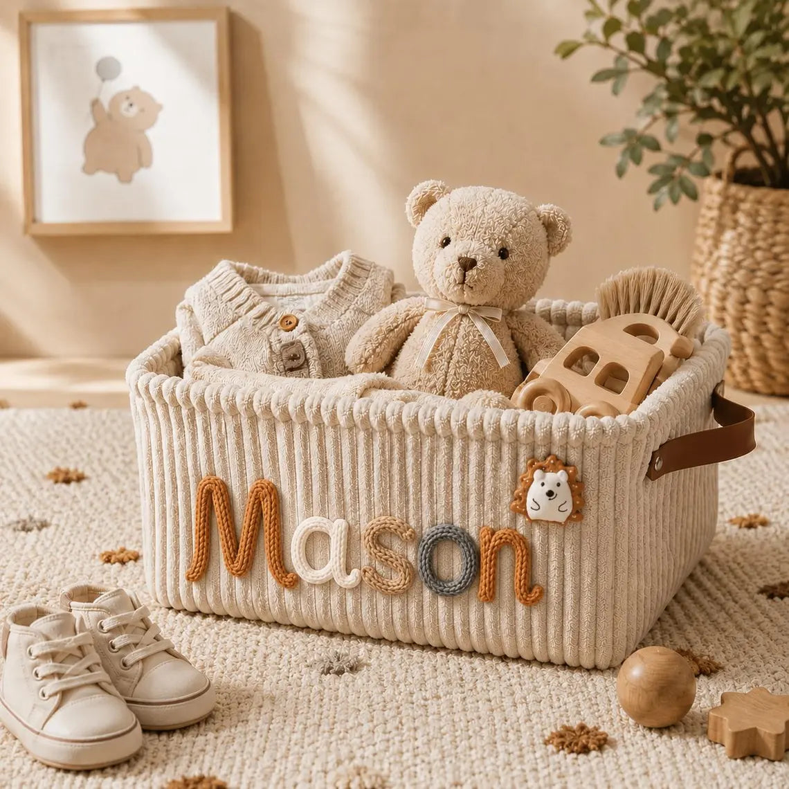 Gender Neutral Personalized Baby Basket, Custom Name Newborn Keepsake, Knitted Storage Box, Embroidered Toy Organizer Gift