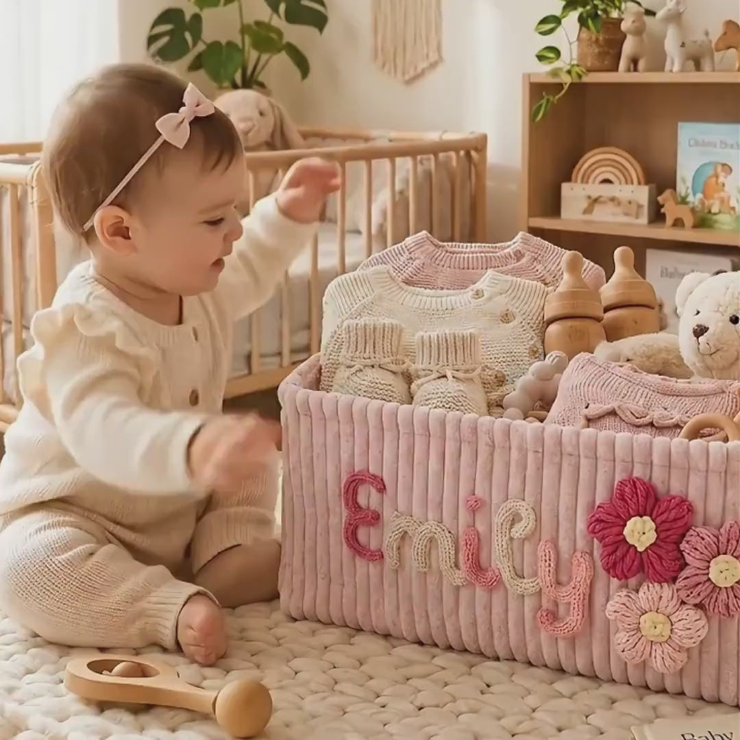 Gender Neutral Personalized Baby Basket, Custom Name Newborn Keepsake, Knitted Storage Box, Embroidered Toy Organizer Gift